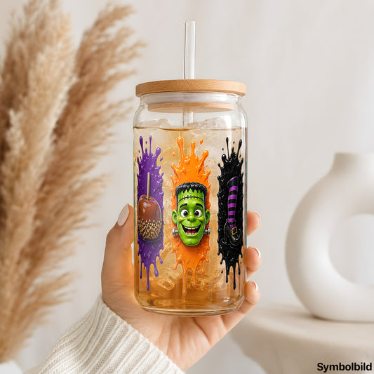 Halloween-Naschereien als UV-DTF Sticker auf einem 16oz Glasbecher