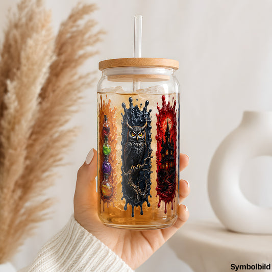 Halloween-Nacht als UV-DTF Sticker auf einem 16oz Glasbecher