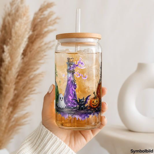 Hexentränke mit Geisterchen als UV-DTF Sticker auf einem 16oz Glasbecher