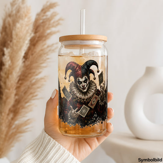 Gruseliger Harlekin als UV-DTF Sticker auf einem 16oz Glasbecher