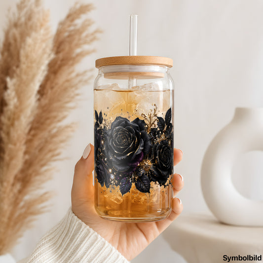 Schwarze Rosen mit Gold als UV-DTF Sticker auf einem 16oz Glasbecher