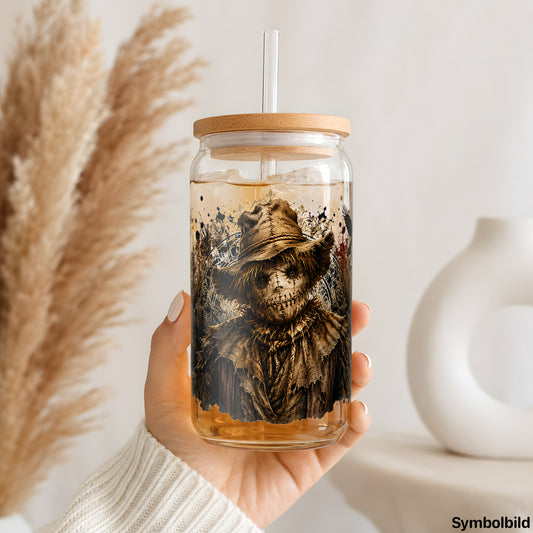 Vogelscheuche im Feld als UV-DTF Sticker auf einem 16oz Glasbecher