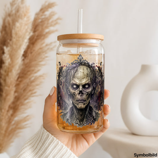 Untoter Blick als UV-DTF Sticker auf einem 16oz Glasbecher