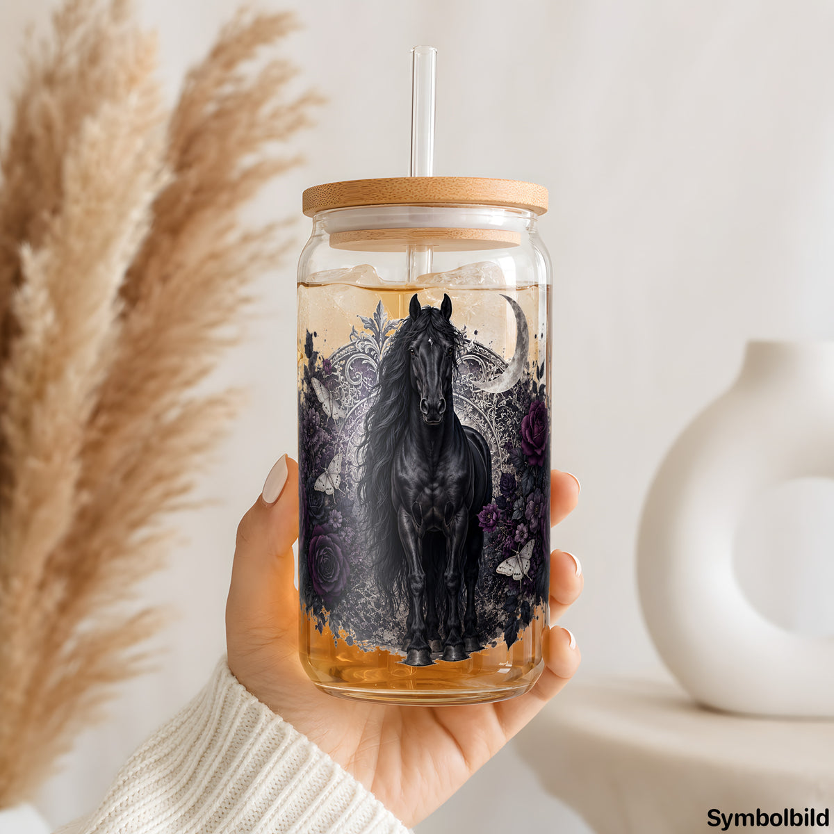 Rappe in lila Rosen als UV-DTF Sticker auf einem 16oz Glasbecher