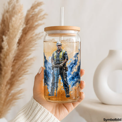 Bauarbeiter mit Presslufthammer als UV-DTF Sticker auf einem 16oz Glasbecher