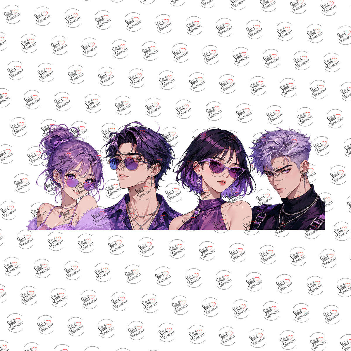 Anime-Quartett in Violett als UV-DTF Sticker einzeln