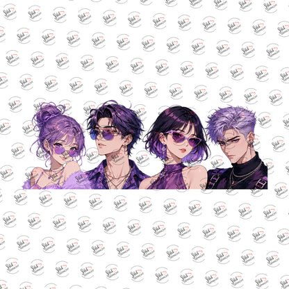 Anime-Quartett in Violett als UV-DTF Sticker einzeln