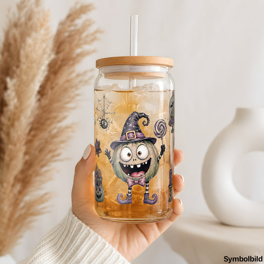 Monsterchen und Naschkram als UV-DTF Sticker auf einem 16oz Glasbecher