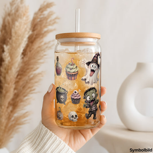 Kessel, Katz und Kürbis als UV-DTF Sticker auf einem 16oz Glasbecher
