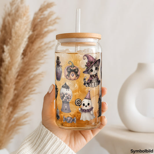 Fledermaus und Freunde als UV-DTF Sticker auf einem 16oz Glasbecher