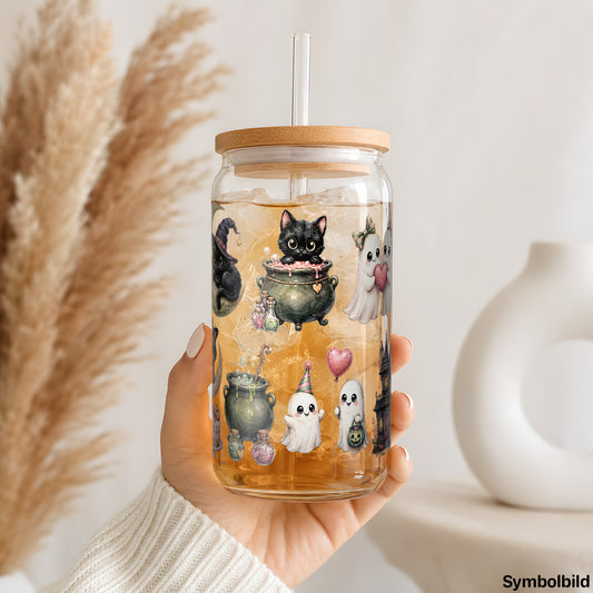 Katzen-Halloween in Pastell als UV-DTF Sticker auf einem 16oz Glasbecher