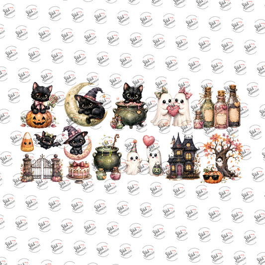 Katzen-Halloween in Pastell als UV-DTF Sticker einzeln