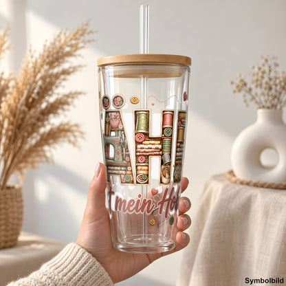 Nähen ist mein Hobby als UV-DTF Sticker auf einem 24oz Glas-Tumbler