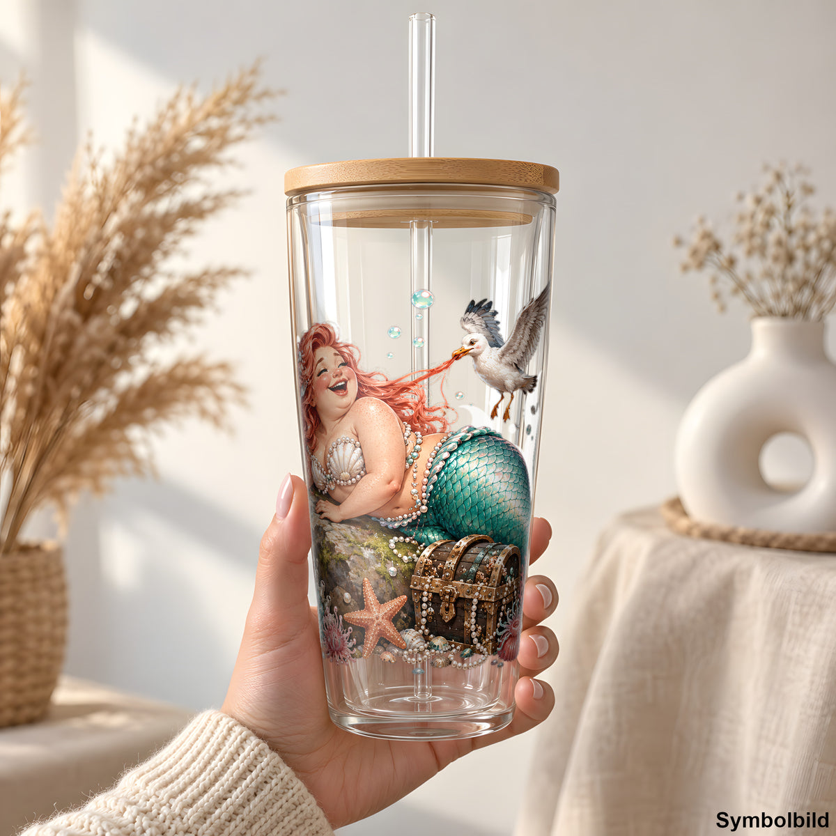 Lachende Meerjungfrau mit Möwe als UV-DTF Sticker auf einem 24oz Glas-Tumbler
