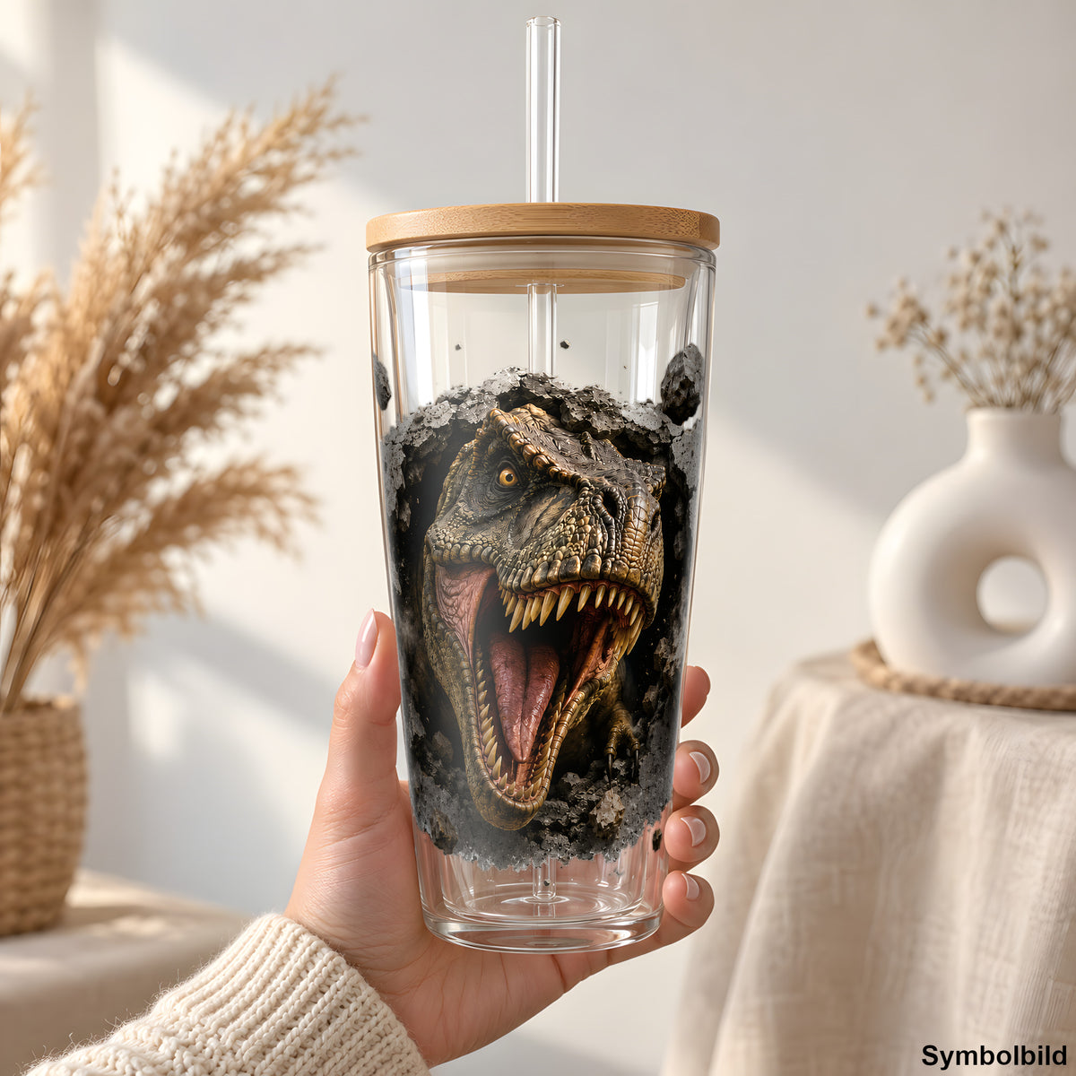 T-Rex bricht durch die Wand als UV-DTF Sticker auf einem 24oz Glas-Tumbler