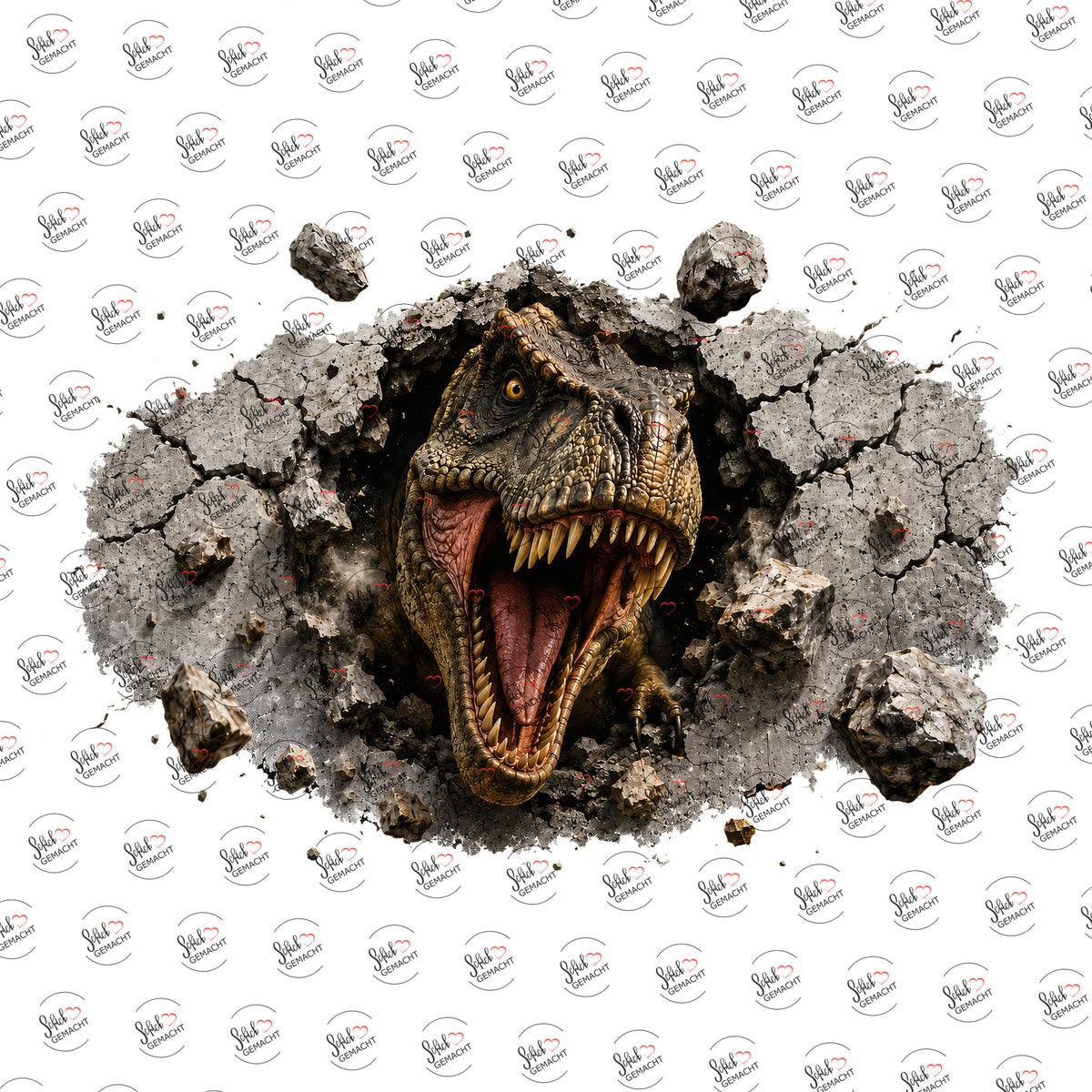 T-Rex bricht durch die Wand als UV-DTF Sticker einzeln