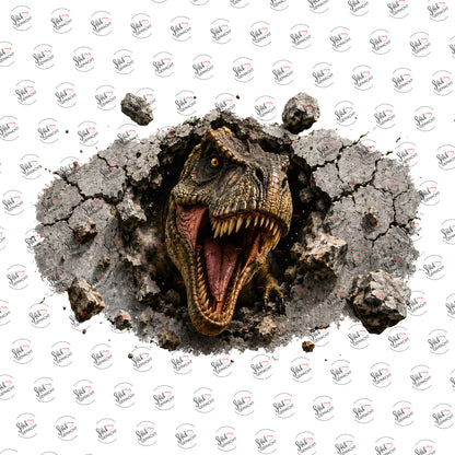 T-Rex bricht durch die Wand als UV-DTF Sticker einzeln