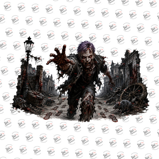 Zombie in der Ruinenstadt als UV-DTF Sticker einzeln