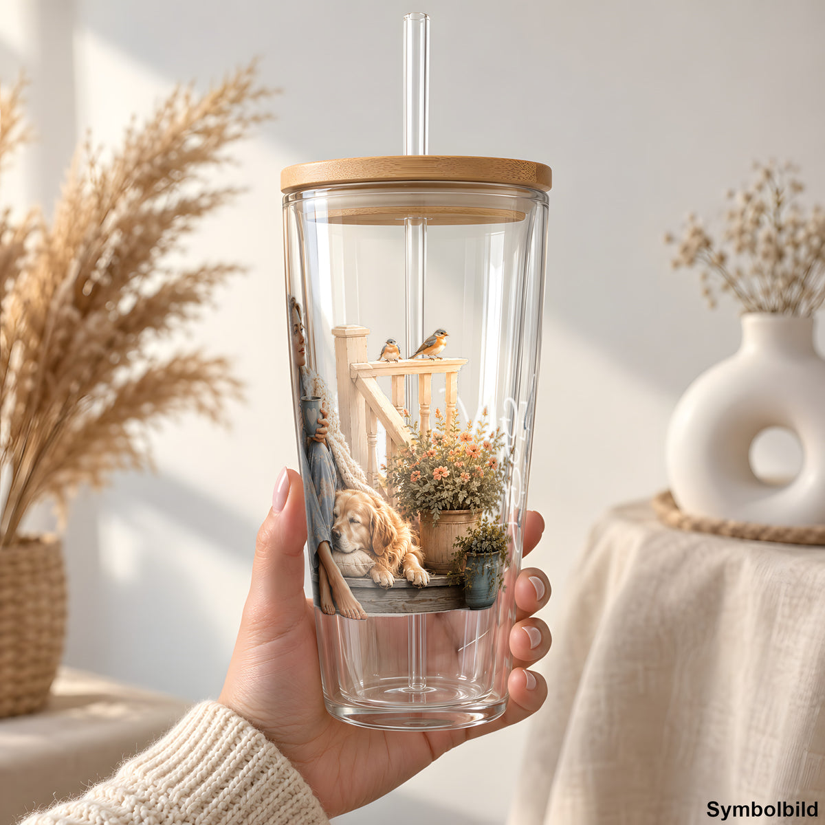 Begin Again auf der Veranda als UV-DTF Sticker auf einem 24oz Glas-Tumbler