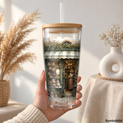 Hutladen mit Fahrrad als UV-DTF Sticker auf einem 24oz Glas-Tumbler