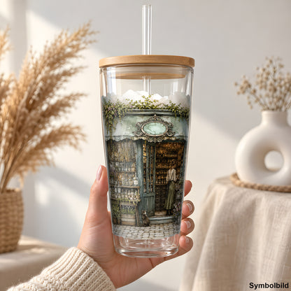 Kräuterladen mit Fahrrad als UV-DTF Sticker auf einem 24oz Glas-Tumbler