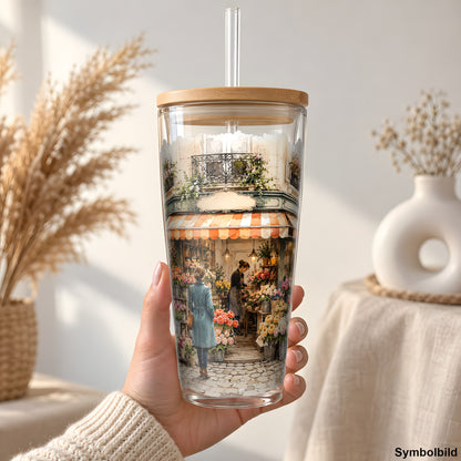 Blumenladen an der Ecke als UV-DTF Sticker auf einem 24oz Glas-Tumbler