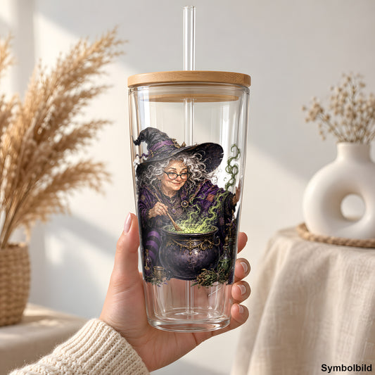 Die Hexe am Kessel als UV-DTF Sticker auf einem 24oz Glas-Tumbler
