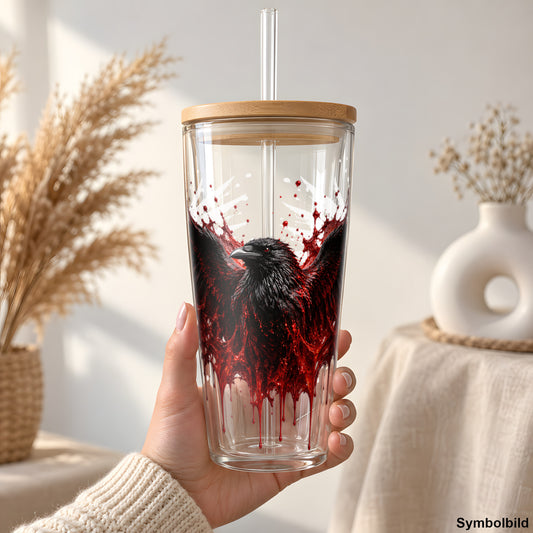 Blutiger Rabe als UV-DTF Sticker auf einem 24oz Glas-Tumbler