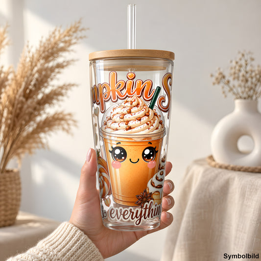Kürbis-Latte mit Schriftzug als UV-DTF Sticker auf einem 24oz Glas-Tumbler