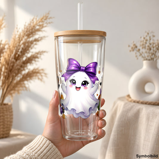 Geisterchen mit Kürbis als UV-DTF Sticker auf einem 24oz Glas-Tumbler