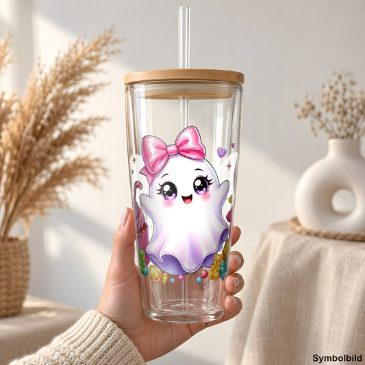 Geisterchen im Süßigkeitenglück als UV-DTF Sticker auf einem 24oz Glas-Tumbler