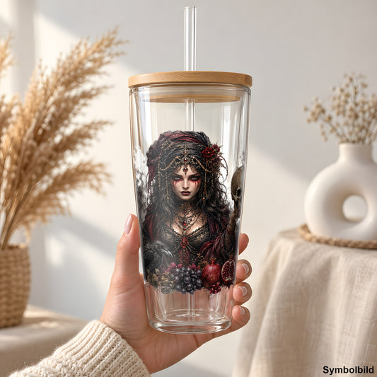 Dunkle Zirkusdame als UV-DTF Sticker auf einem 24oz Glas-Tumbler