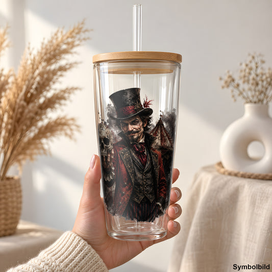Zirkusdirektor der Finsternis als UV-DTF Sticker auf einem 24oz Glas-Tumbler