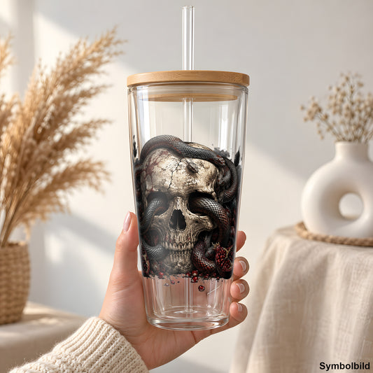 Schädel, Schlangen, Rosen als UV-DTF Sticker auf einem 24oz Glas-Tumbler