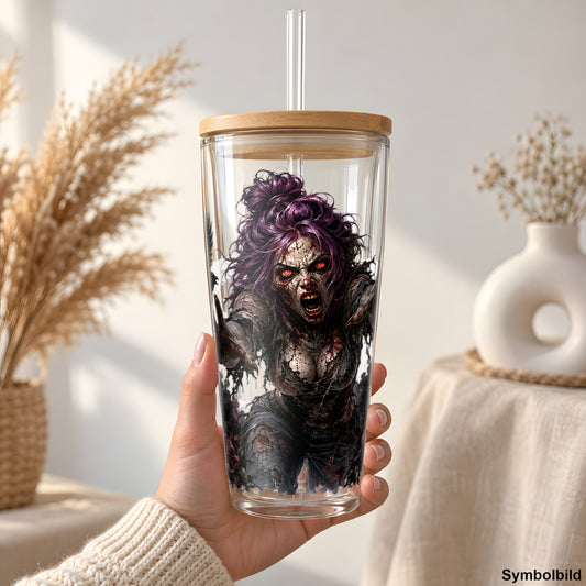 Untote und Raben als UV-DTF Sticker auf einem 24oz Glas-Tumbler