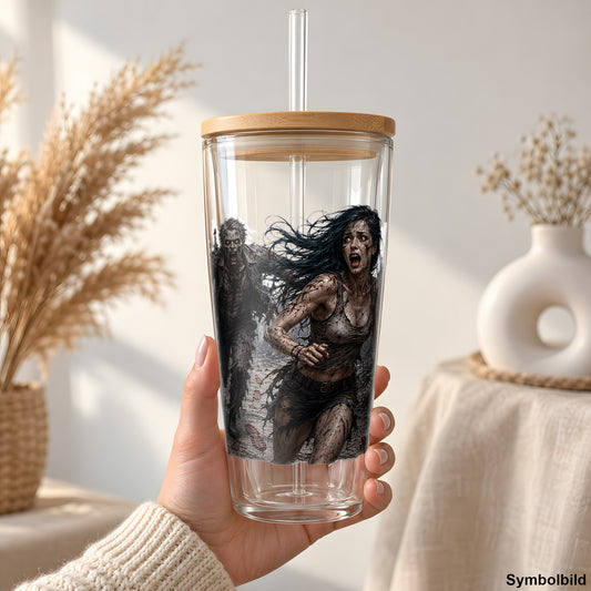 Zombie-Flucht als UV-DTF Sticker auf einem 24oz Glas-Tumbler