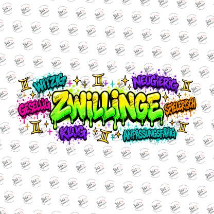 Sternzeichen Zwillinge – Graffiti-Schriftzug als UV-DTF Sticker einzeln