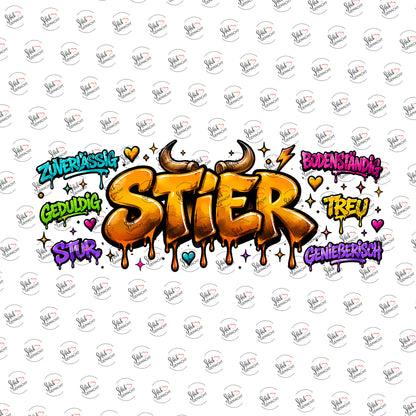 Sternzeichen Stier – Graffiti-Schriftzug als UV-DTF Sticker einzeln