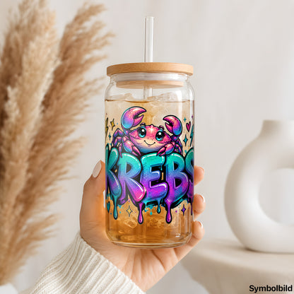 Sternzeichen Krebs – Graffiti-Schriftzug als UV-DTF Sticker auf einem 16oz Glasbecher
