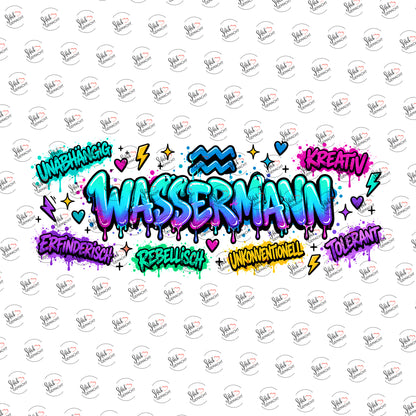 Sternzeichen Wassermann – Graffiti-Schriftzug als UV-DTF Sticker einzeln