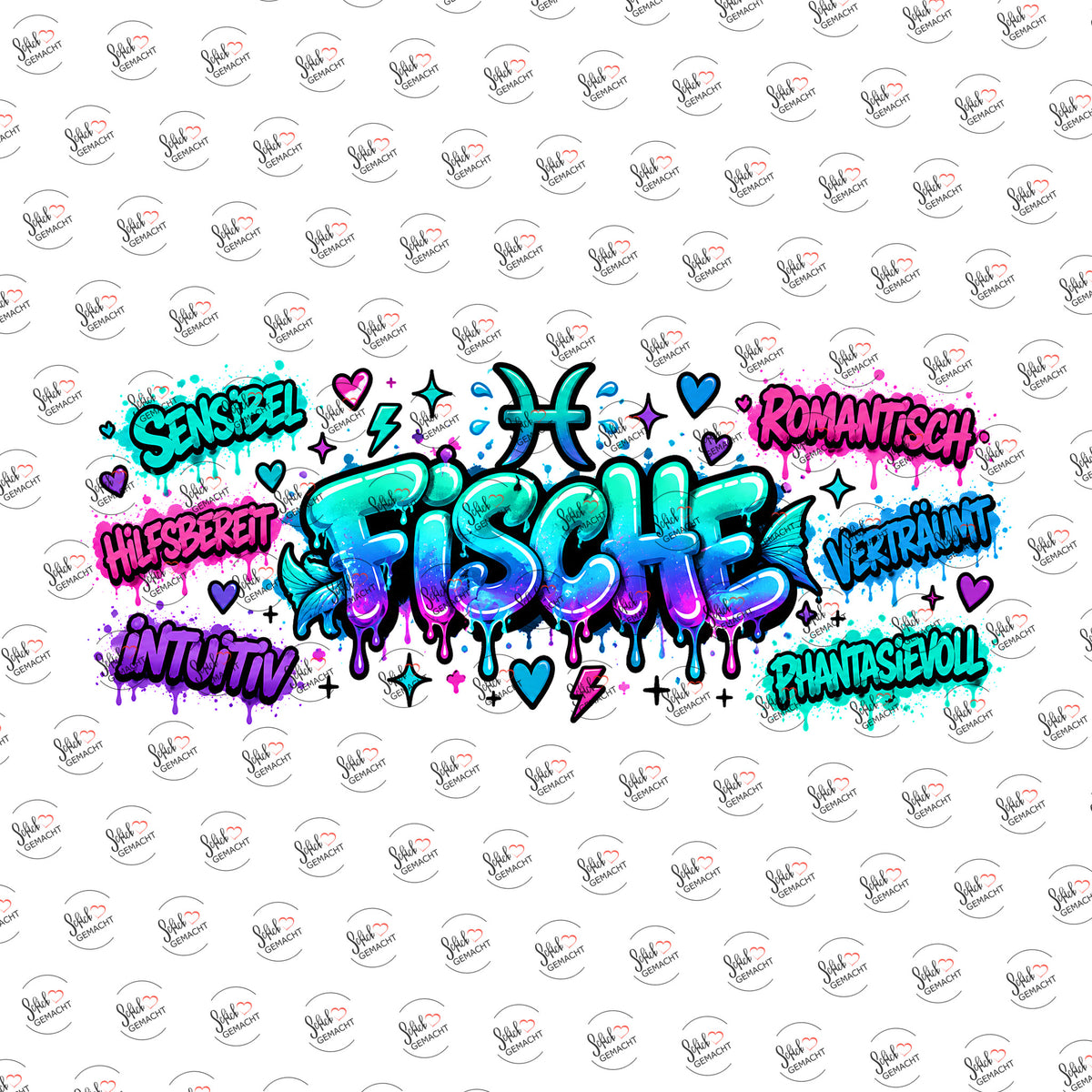 Sternzeichen Fische – Graffiti-Schriftzug als UV-DTF Sticker einzeln