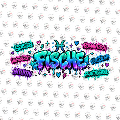 Sternzeichen Fische – Graffiti-Schriftzug als UV-DTF Sticker einzeln