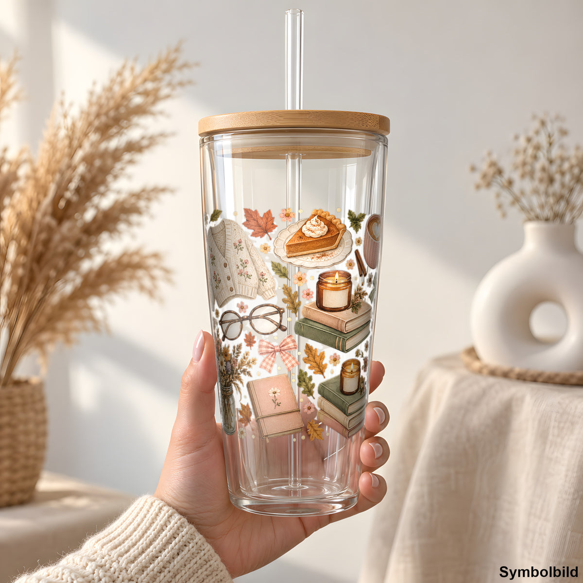Herbstmomente mit Büchern & Kerzen als UV-DTF Sticker auf einem 24oz Glas-Tumbler