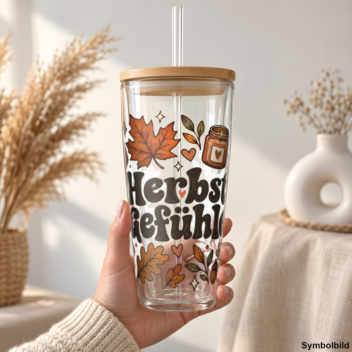 Herbstgefühle mit Fliegenpilz als UV-DTF Sticker auf einem 24oz Glas-Tumbler