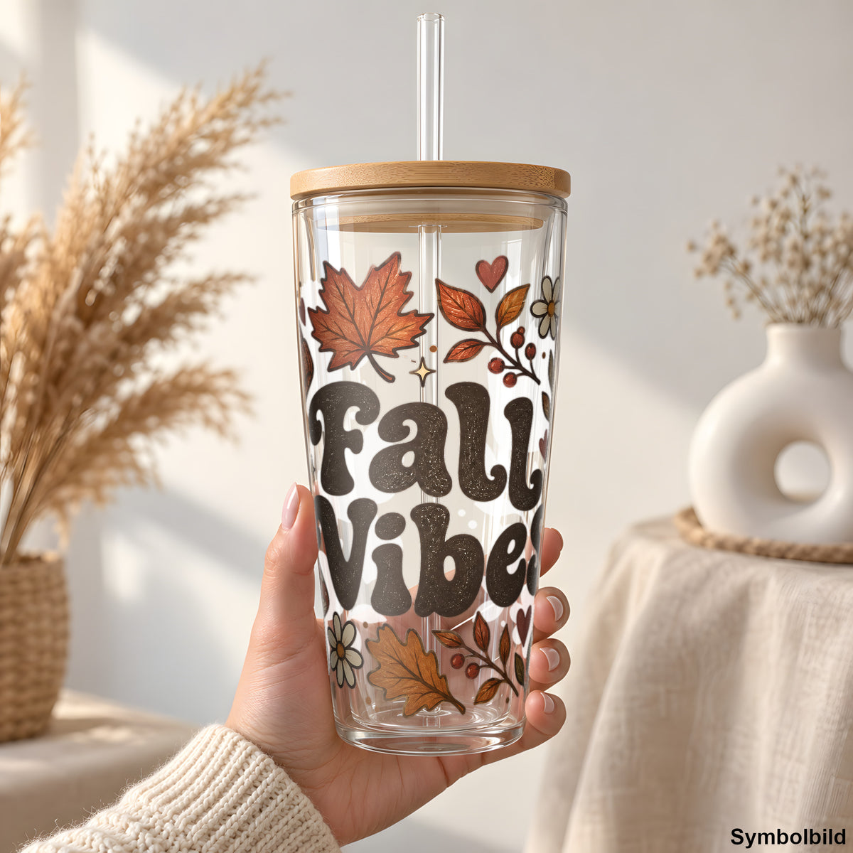 Fall Vibes im Herbstlook als UV-DTF Sticker auf einem 24oz Glas-Tumbler