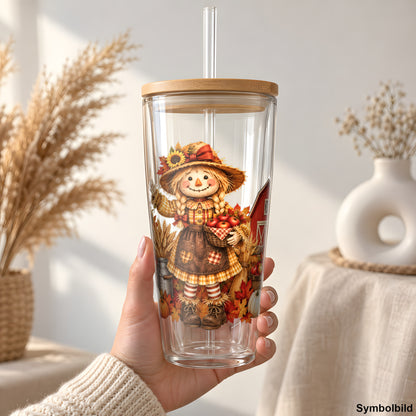 Vogelscheuchen-Mädchen auf dem Herbsthof als UV-DTF Sticker auf einem 24oz Glas-Tumbler
