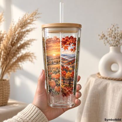 Herbsttag-Paneele mit Kürbissen & Waldweg als UV-DTF Sticker auf einem 24oz Glas-Tumbler
