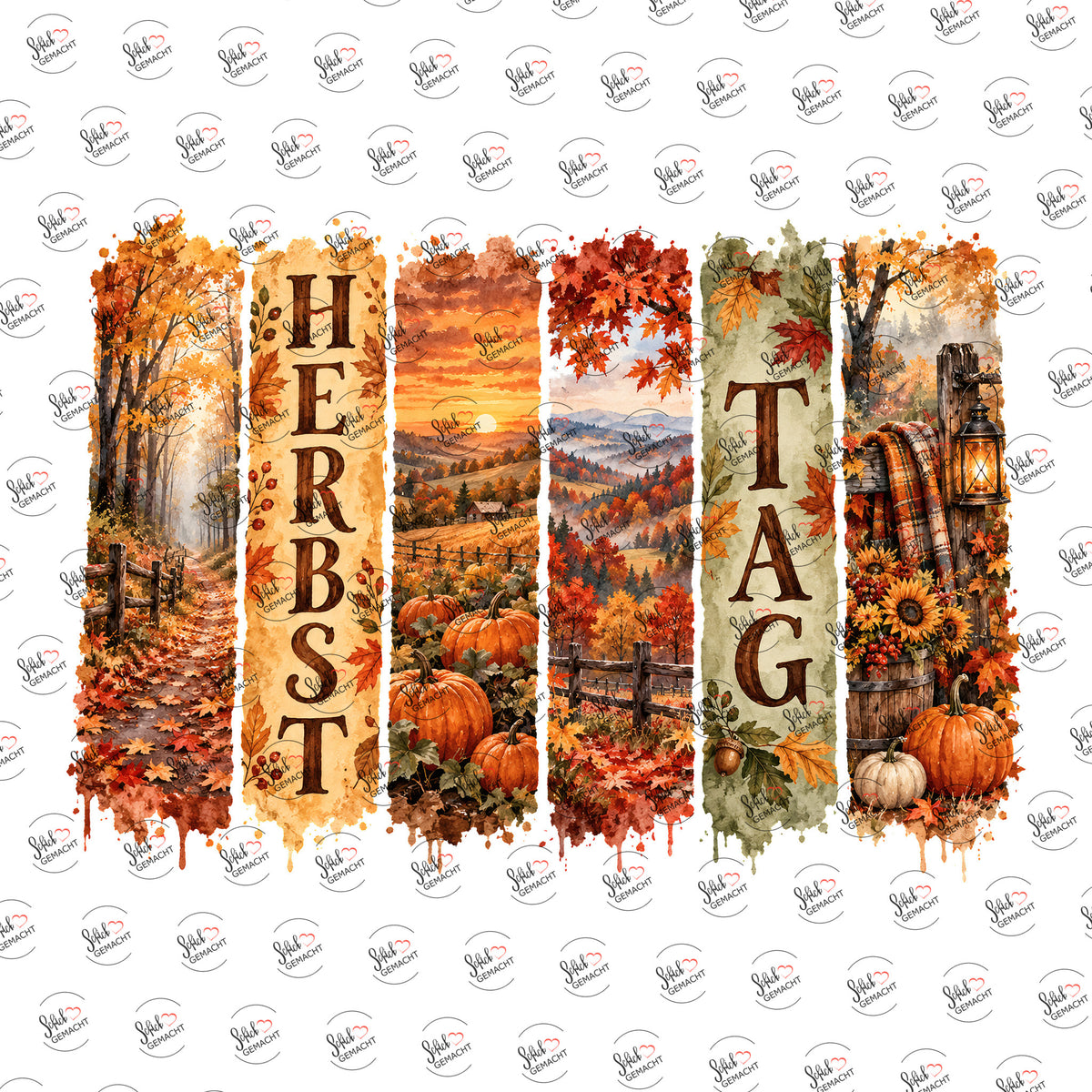 Herbsttag-Paneele mit Kürbissen & Waldweg als UV-DTF Sticker einzeln