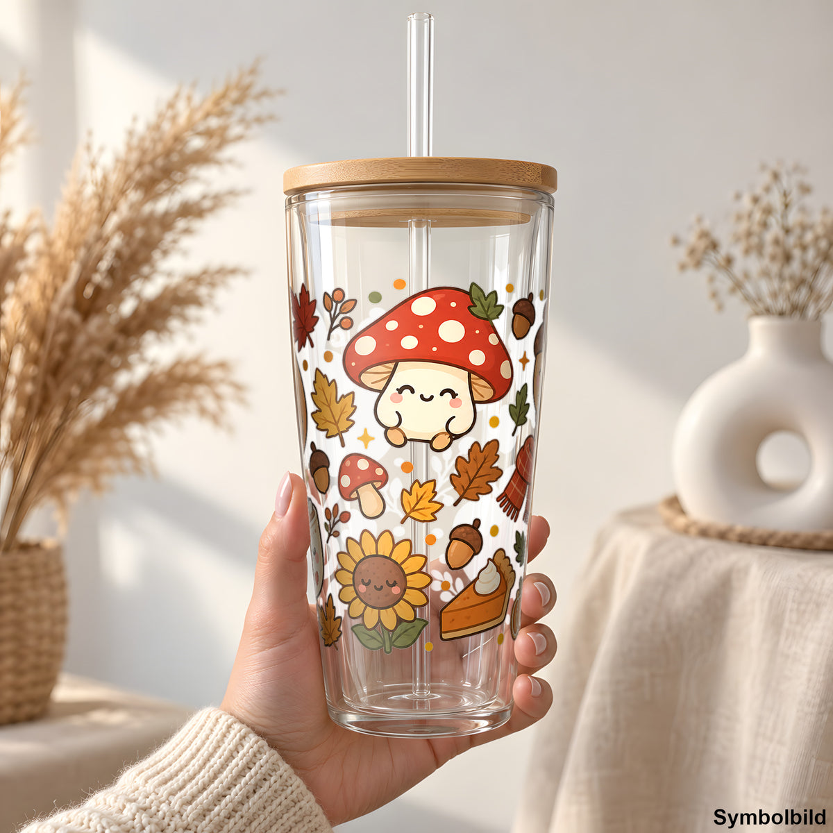 Kawaii-Herbst mit Kürbis, Pilz & Eichel als UV-DTF Sticker auf einem 24oz Glas-Tumbler