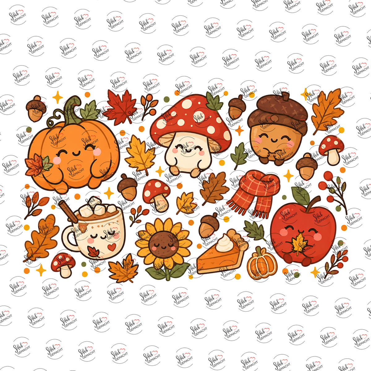 Kawaii-Herbst mit Kürbis, Pilz & Eichel als UV-DTF Sticker einzeln